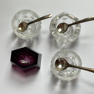 Antique pressed glass salt cellars. Lot of 3.  One amethyst glass.